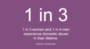 1 in 3 || 1 in 3 women and 1 in 4 men experience domestic abuse in their lifetime. || Source: Purina.com