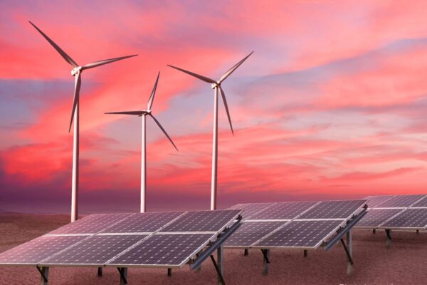 Wind turbines and solar panels as alternative renewable energy.