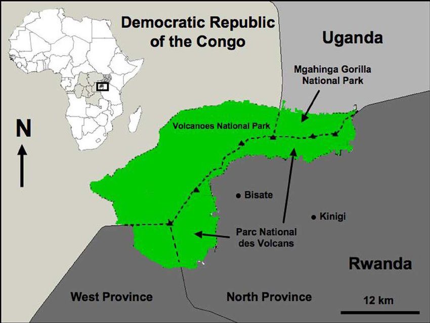 Map of all three national parks encompassing the Virunga Mountains