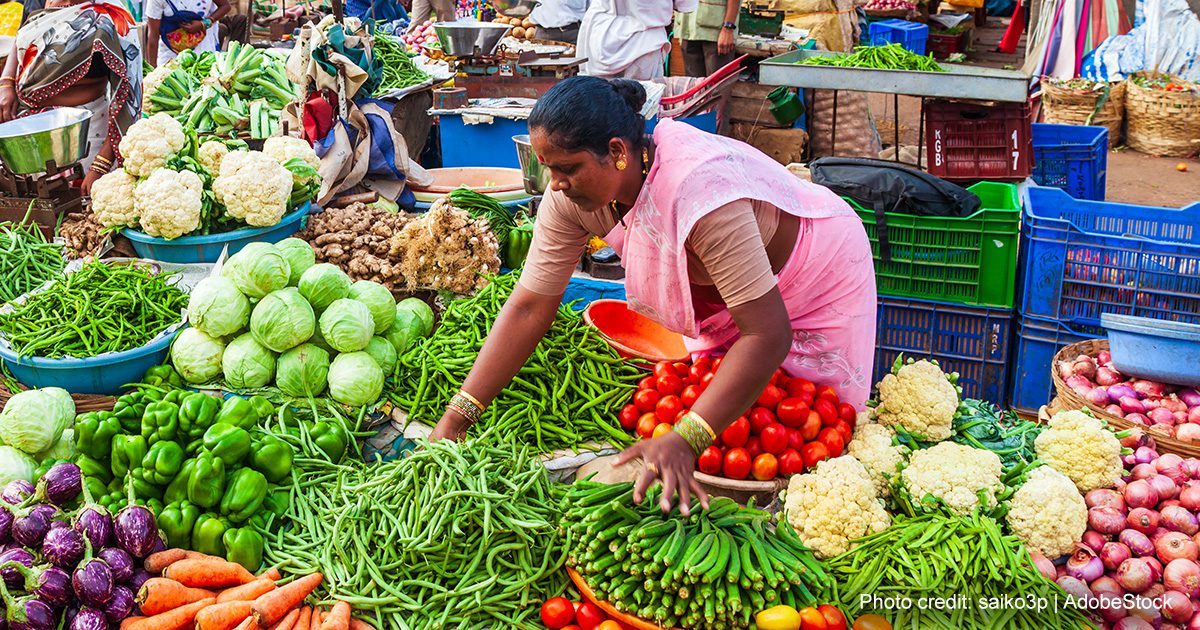 Fruits and vegetables in a market in India | Photo credit: saiko3p, AdobeStock