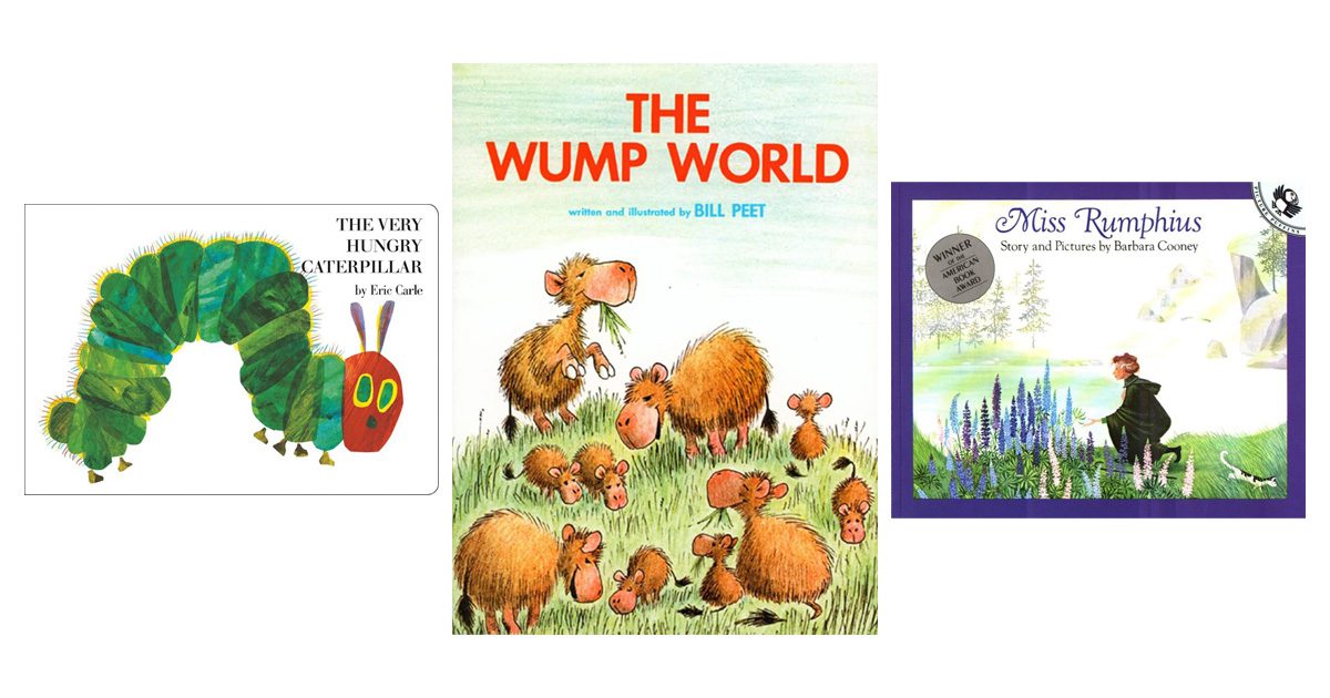 Book covers of Wump World, Rumphius and Hungry Caterpillar
