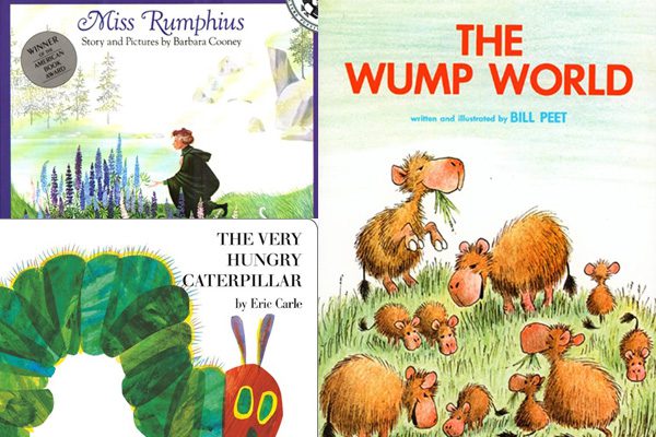 Book covers of Wump World, Rumphius and Hungry Caterpillar
