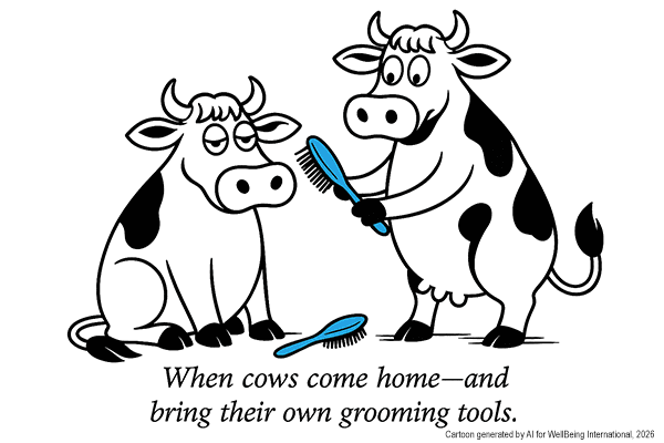 When cows come home and bring their own grooming tools. | Cartoon generated by AI for WellBeing International, 2026
